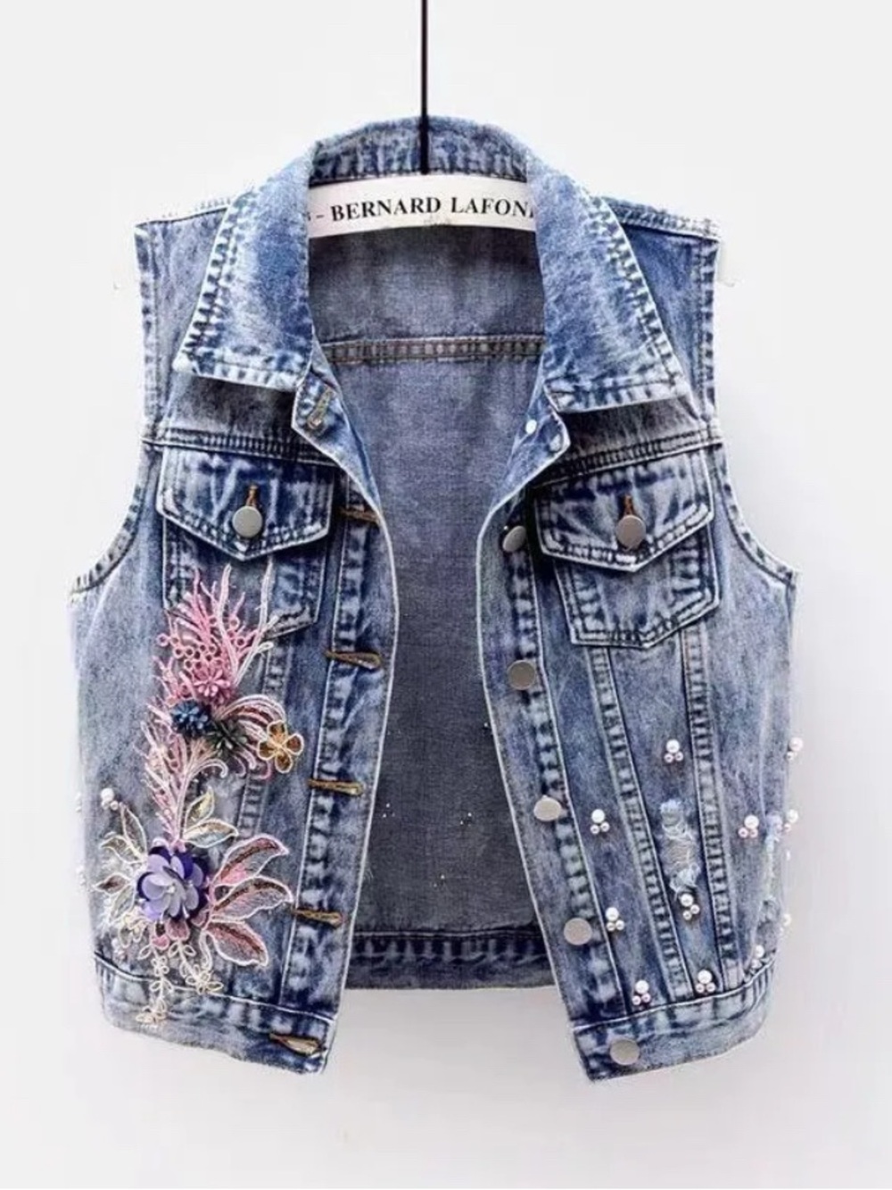 Embellished Denim Vest with Floral Appliqué - Light Wash Multiple Sizes